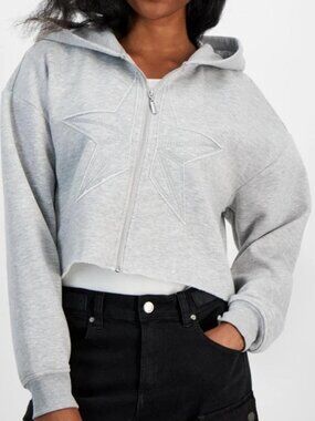 Self Esteem Women's Gray LS Full Zip Cropped Raw Hem Embroidered Star Hoodie